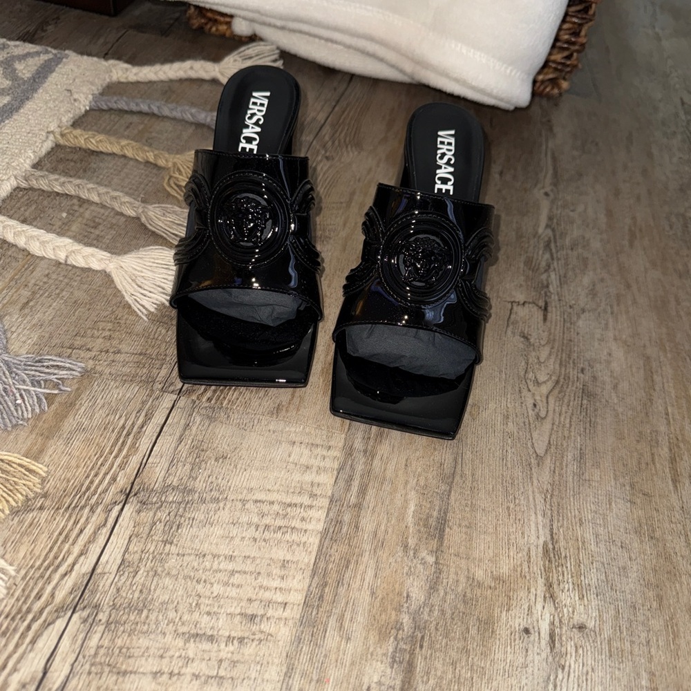Versace Black Patent Leather Mules